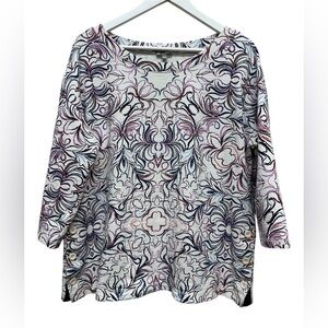 T By Talbots Women Sz XL P Shirt Tunic Top 3/4 Sleeve White Purple Print Stretch